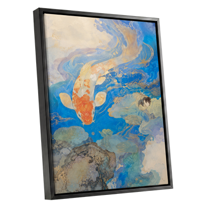 Koi in Gilded Currents, blue, orange, beige nature wall art shown as a black framed canvas wall art