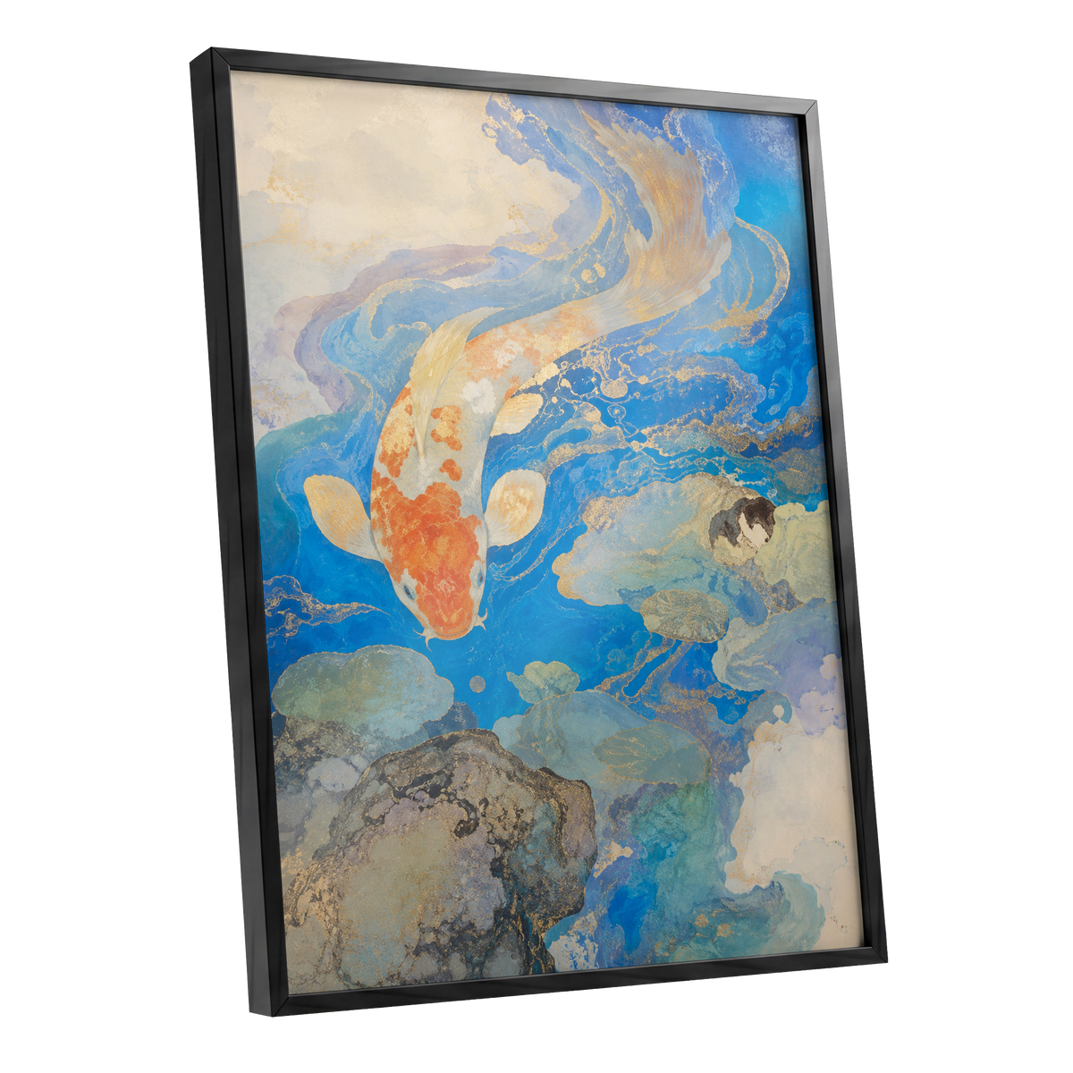 Koi in Gilded Currents, blue, orange, beige nature wall art shown as a black framed poster wall art print
