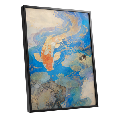 Koi in Gilded Currents, blue, orange, beige nature wall art shown as a black framed poster wall art print