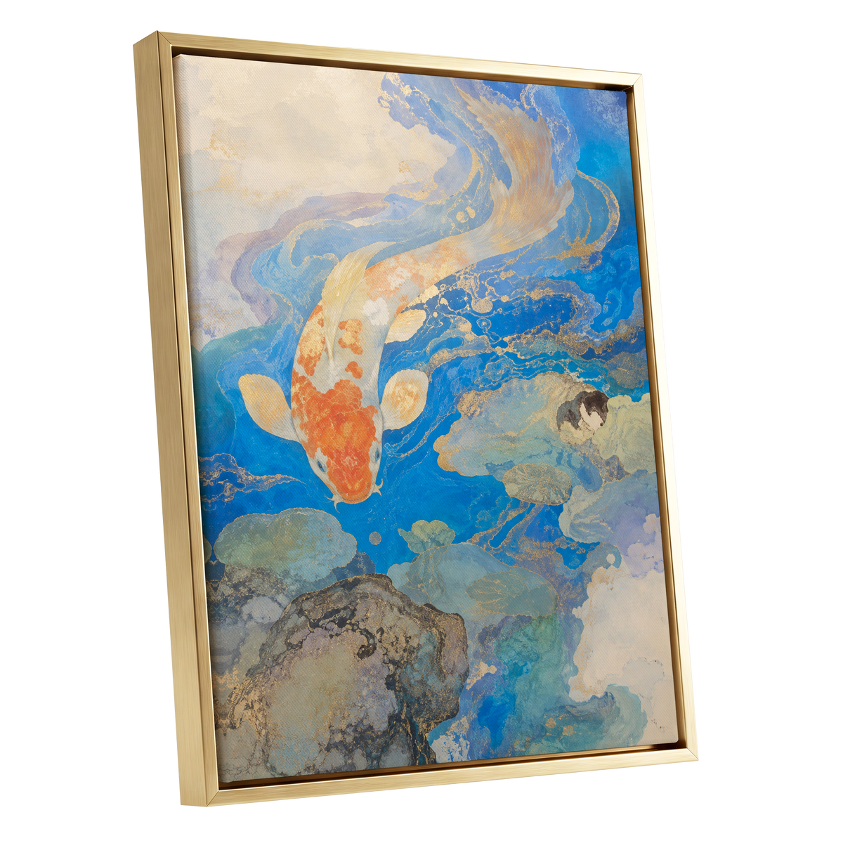 Koi in Gilded Currents, blue, orange, beige nature wall art shown as a gold framed canvas wall art