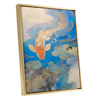 Koi in Gilded Currents, blue, orange, beige nature wall art shown as a gold framed canvas wall art