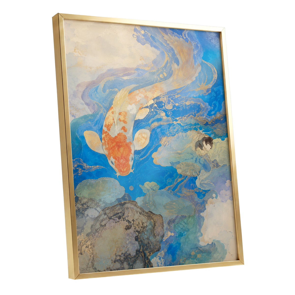 Koi in Gilded Currents, blue, orange, beige nature wall art shown as a gold framed poster wall art print