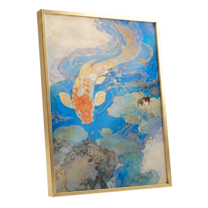 Koi in Gilded Currents, blue, orange, beige nature wall art shown as a gold framed poster wall art print