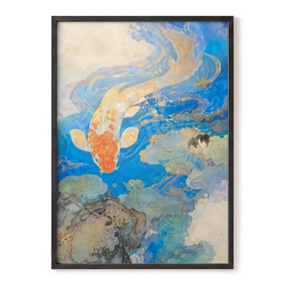 Koi in Gilded Currents, blue, orange, beige nature wall art, front artwork view