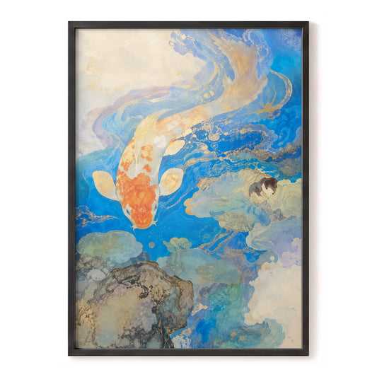 Koi in Gilded Currents, blue, orange, beige nature wall art, front artwork view