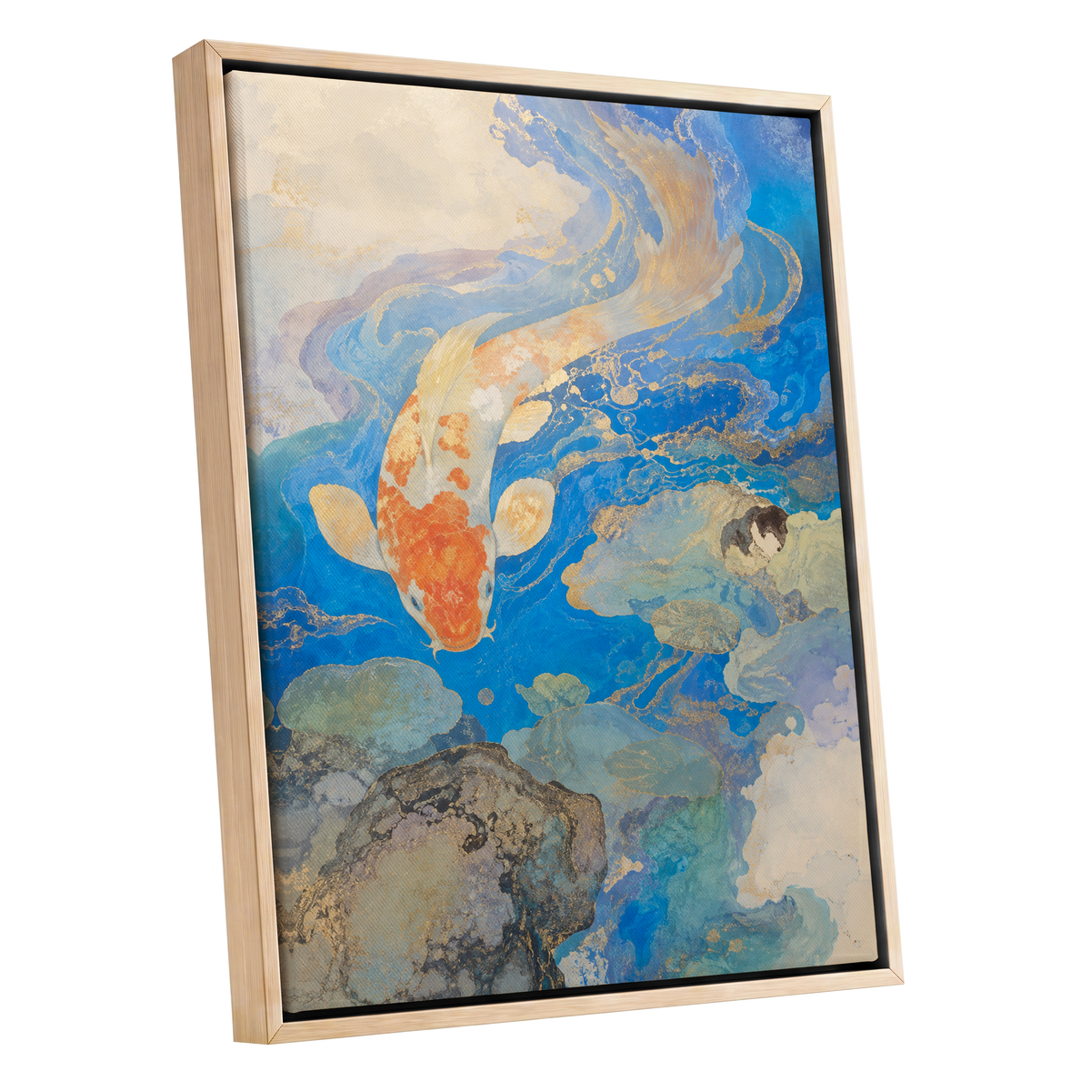Koi in Gilded Currents, blue, orange, beige nature wall art shown as a oak framed canvas wall art