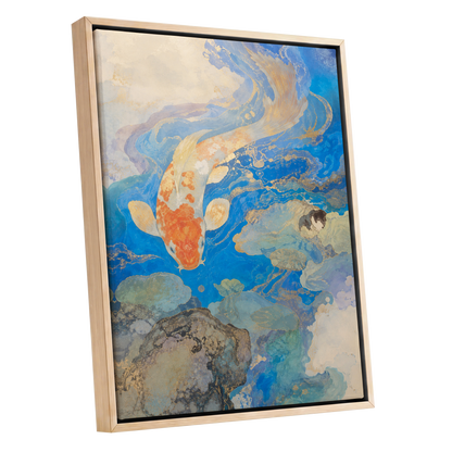 Koi in Gilded Currents, blue, orange, beige nature wall art shown as a oak framed canvas wall art