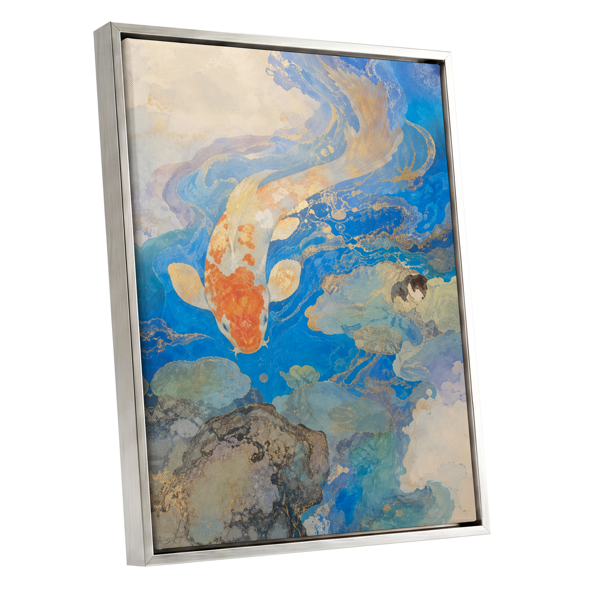 Koi in Gilded Currents, blue, orange, beige nature wall art shown as a silver framed canvas wall art