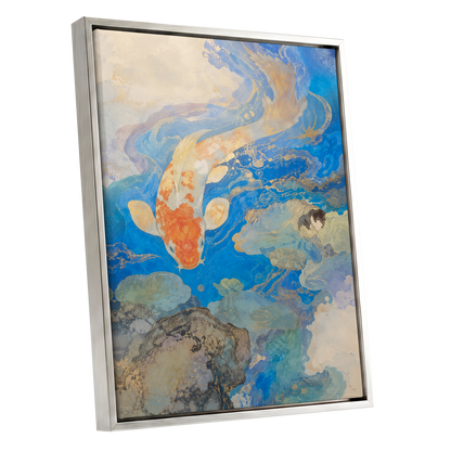Koi in Gilded Currents, blue, orange, beige nature wall art shown as a silver framed canvas wall art