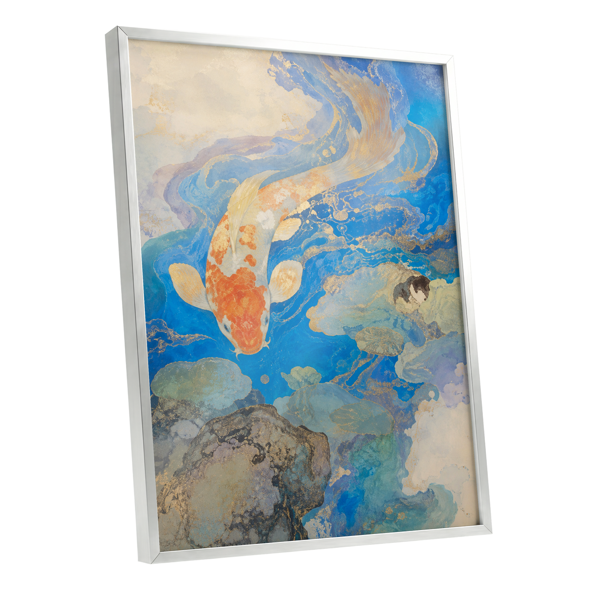Koi in Gilded Currents, blue, orange, beige nature wall art shown as a silver framed poster wall art print