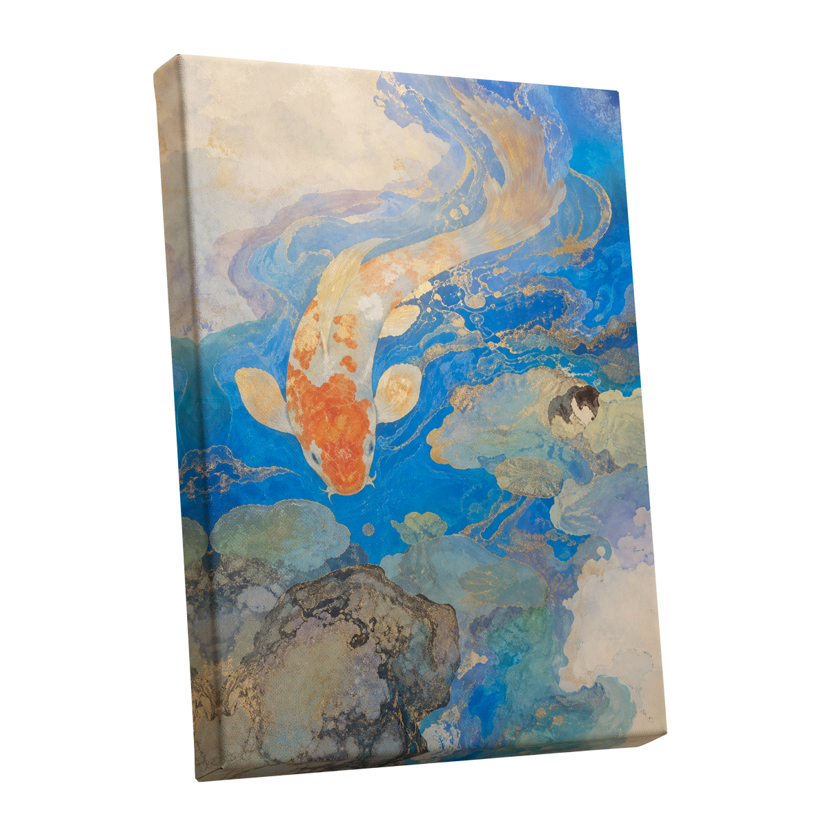 Koi in Gilded Currents, blue, orange, beige nature wall art shown as a stretched canvas wall art