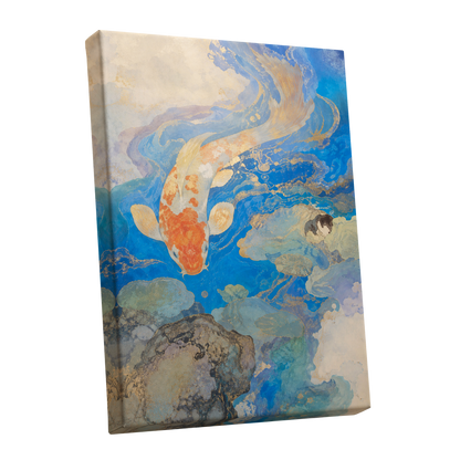 Koi in Gilded Currents, blue, orange, beige nature wall art shown as a stretched canvas wall art