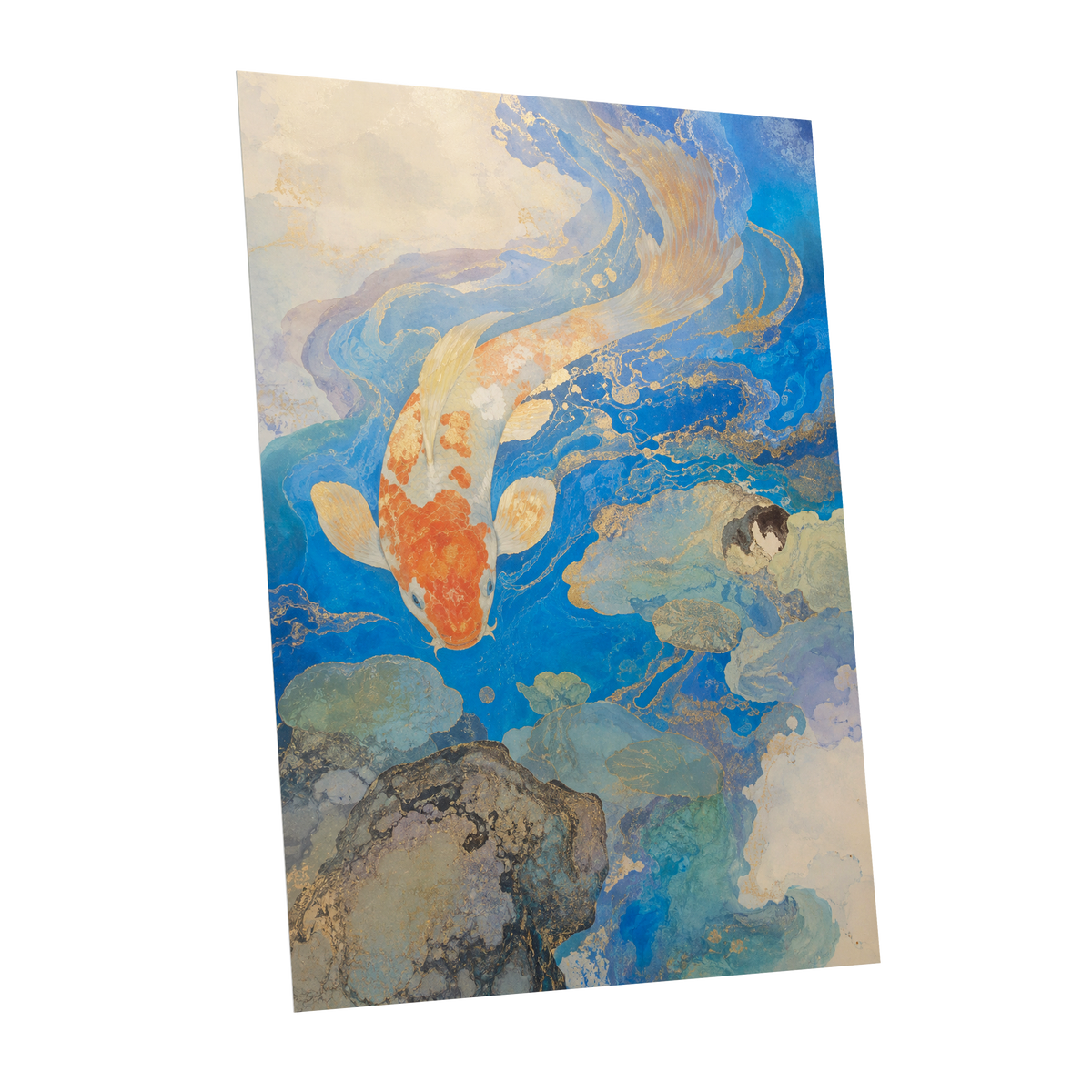 Koi in Gilded Currents, blue, orange, beige nature wall art shown as a unframed poster wall art print