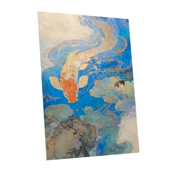 Koi in Gilded Currents, blue, orange, beige nature wall art shown as a unframed poster wall art print