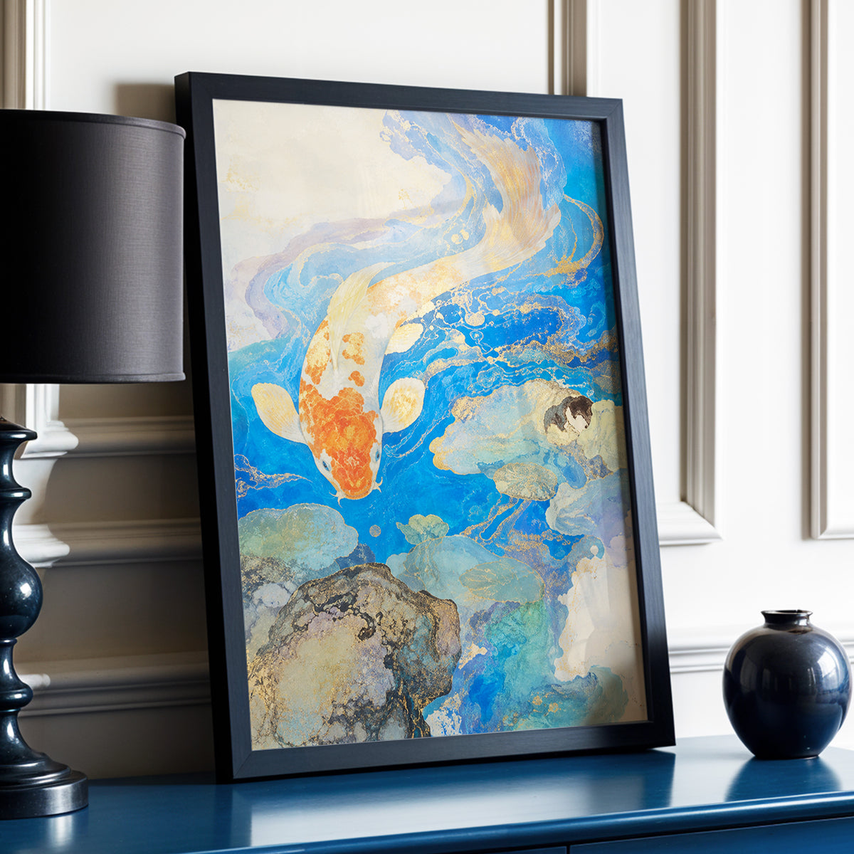 Koi in Gilded Currents, blue, orange, beige nature wall art displayed in a styled interior, gallery view 2