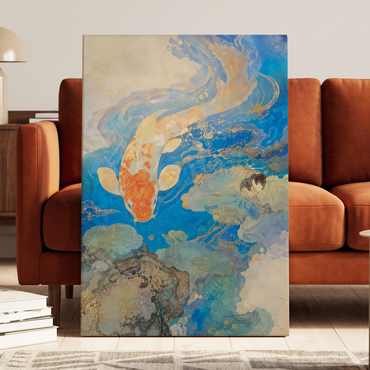 Koi in Gilded Currents, blue, orange, beige nature wall art displayed in a styled interior, gallery view 3
