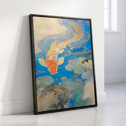 Koi in Gilded Currents, blue, orange, beige nature wall art displayed in a styled interior, gallery view 4