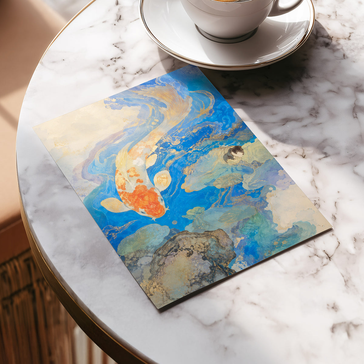 Koi in Gilded Currents, blue, orange, beige nature wall art displayed in a styled interior, gallery view 5