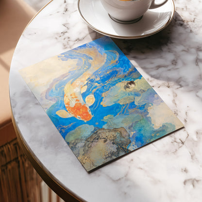 Koi in Gilded Currents, blue, orange, beige nature wall art displayed in a styled interior, gallery view 5