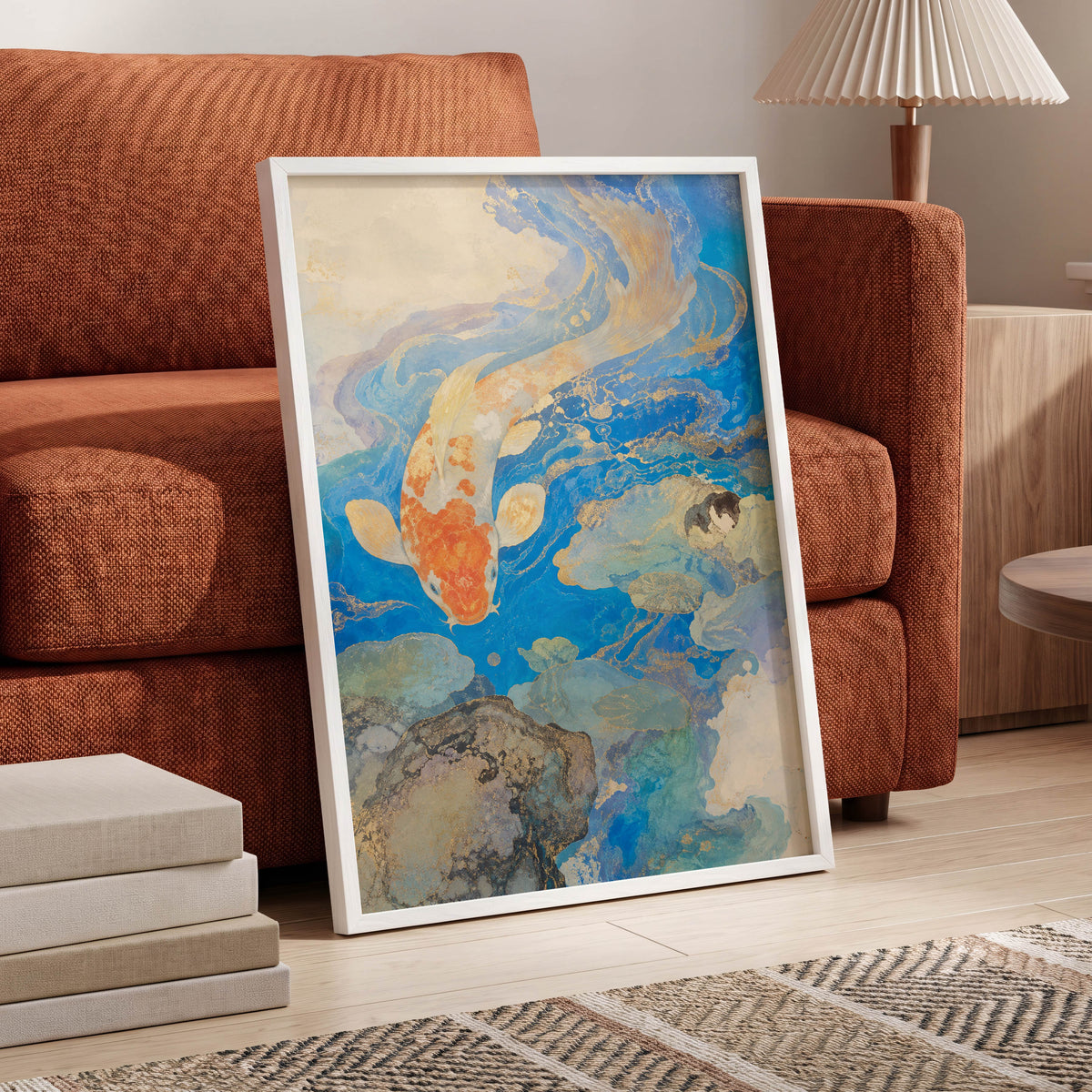 Koi in Gilded Currents, blue, orange, beige nature wall art displayed in a styled interior, gallery view 6
