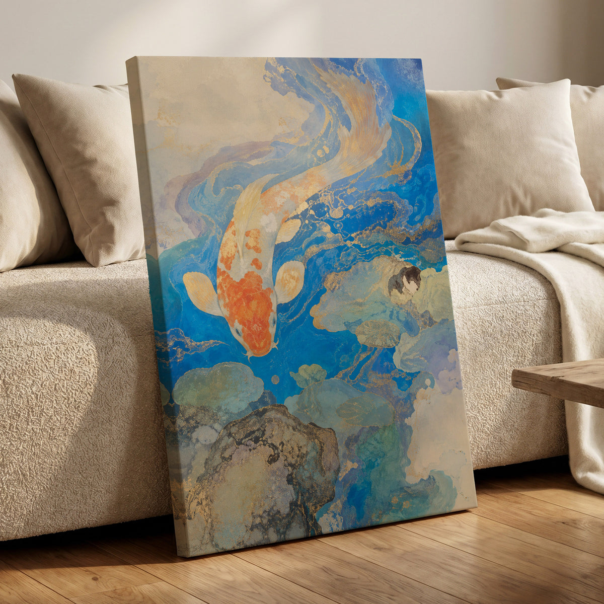 Koi in Gilded Currents, blue, orange, beige nature wall art displayed in a styled interior, gallery view 7