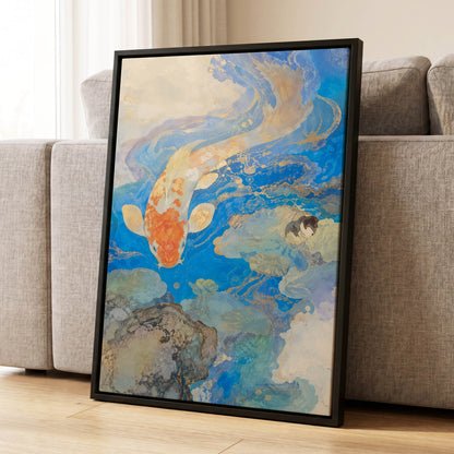 Koi in Gilded Currents, blue, orange, beige nature wall art displayed in a styled interior, gallery view 8