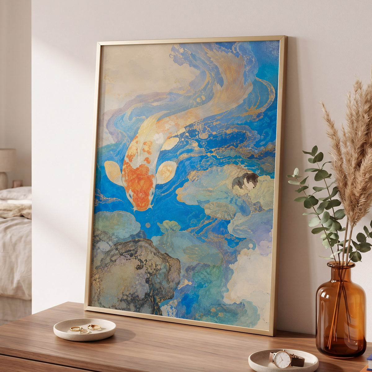 Koi in Gilded Currents, blue, orange, beige nature wall art displayed in a styled interior, gallery view 9