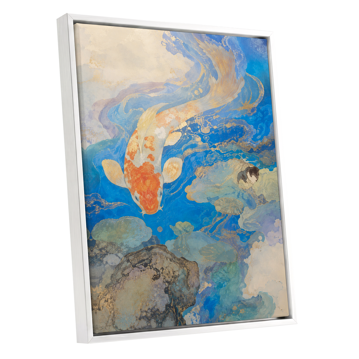 Koi in Gilded Currents, blue, orange, beige nature wall art shown as a white framed canvas wall art