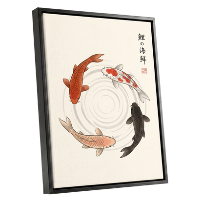Koi in Quiet Circles, beige, orange, red nature wall art shown as a black framed canvas wall art