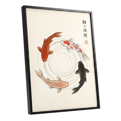 Koi in Quiet Circles, beige, orange, red nature wall art shown as a black framed poster wall art print