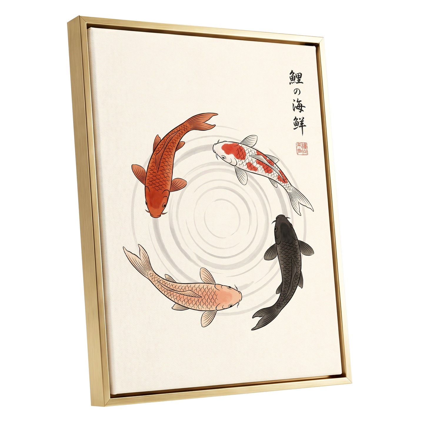 Koi in Quiet Circles, beige, orange, red nature wall art shown as a gold framed canvas wall art