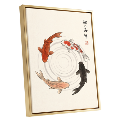 Koi in Quiet Circles, beige, orange, red nature wall art shown as a gold framed canvas wall art