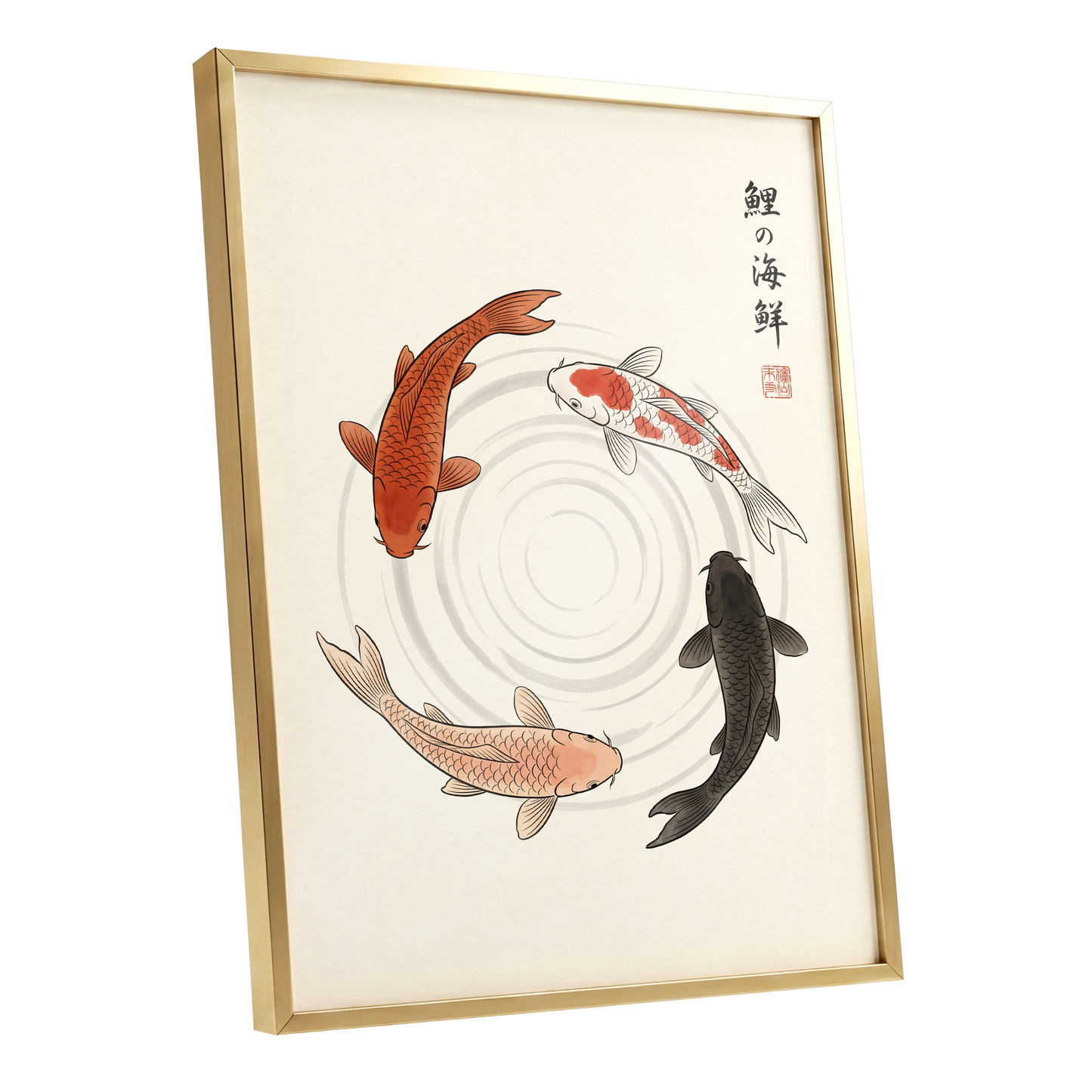 Koi in Quiet Circles, beige, orange, red nature wall art shown as a gold framed poster wall art print