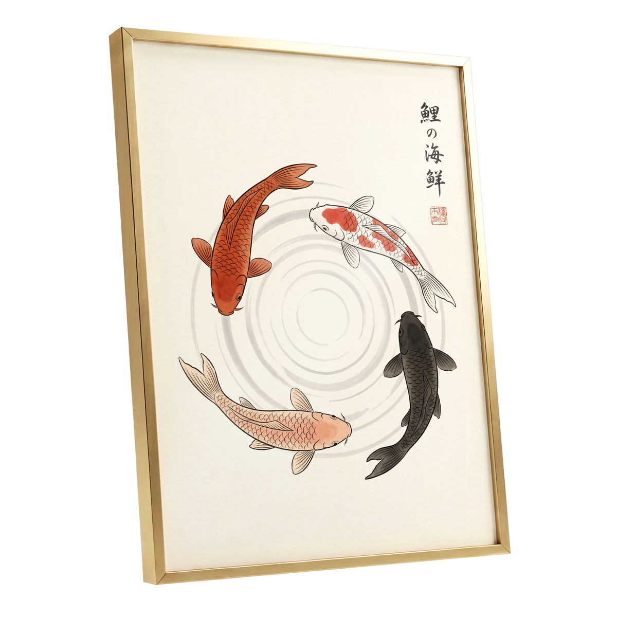Koi in Quiet Circles, beige, orange, red nature wall art shown as a gold framed poster wall art print