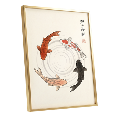 Koi in Quiet Circles, beige, orange, red nature wall art shown as a gold framed poster wall art print