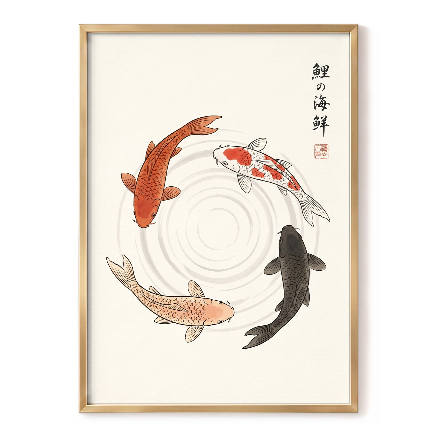 Koi in Quiet Circles, beige, orange, red nature wall art, front artwork view