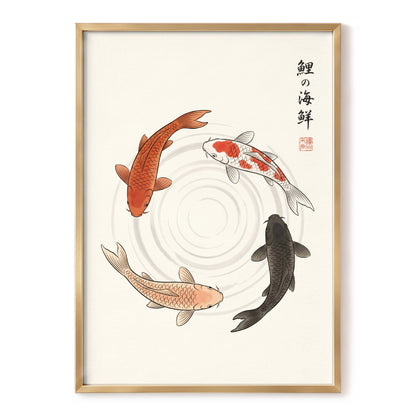 Koi in Quiet Circles, beige, orange, red nature wall art, front artwork view