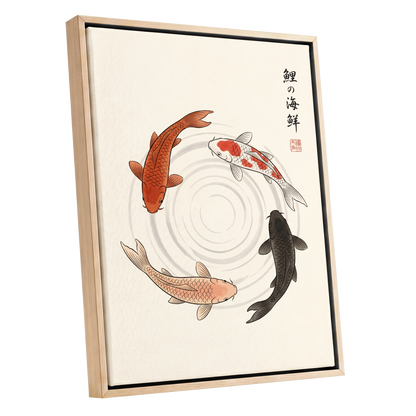 Koi in Quiet Circles, beige, orange, red nature wall art shown as a oak framed canvas wall art