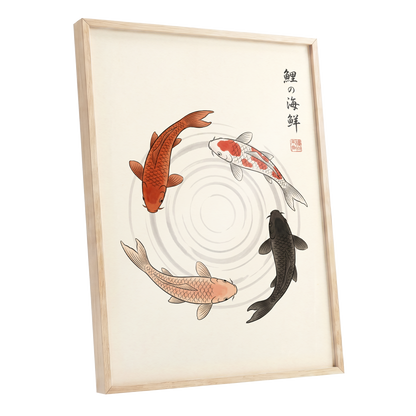 Koi in Quiet Circles, beige, orange, red nature wall art shown as a oak framed poster wall art print