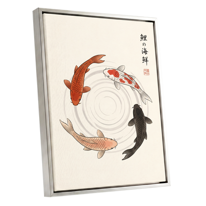 Koi in Quiet Circles, beige, orange, red nature wall art shown as a silver framed canvas wall art