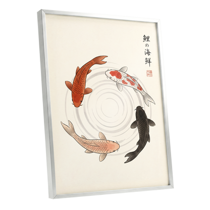 Koi in Quiet Circles, beige, orange, red nature wall art shown as a silver framed poster wall art print