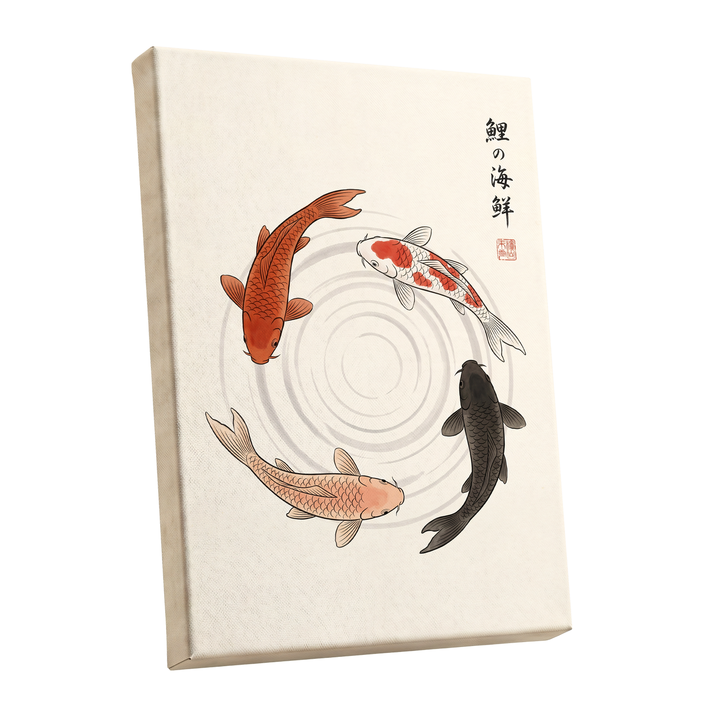 Koi in Quiet Circles, beige, orange, red nature wall art shown as a stretched canvas wall art