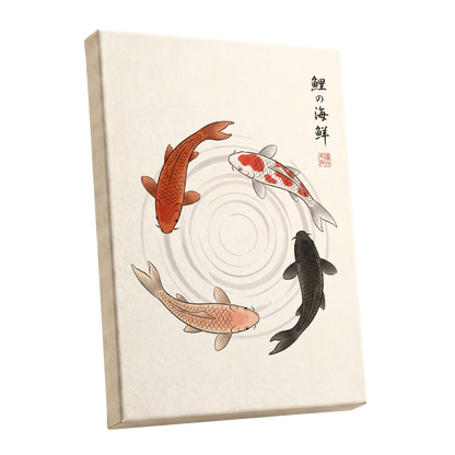 Koi in Quiet Circles, beige, orange, red nature wall art shown as a stretched canvas wall art
