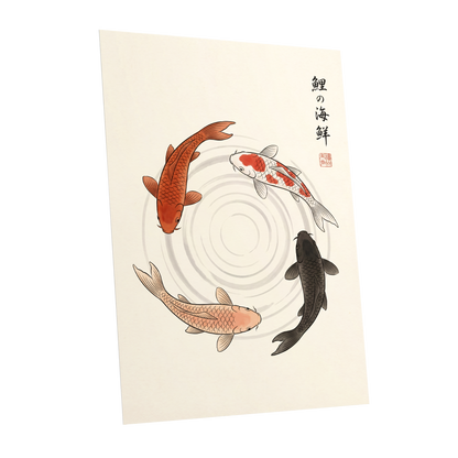 Koi in Quiet Circles, beige, orange, red nature wall art shown as a unframed poster wall art print