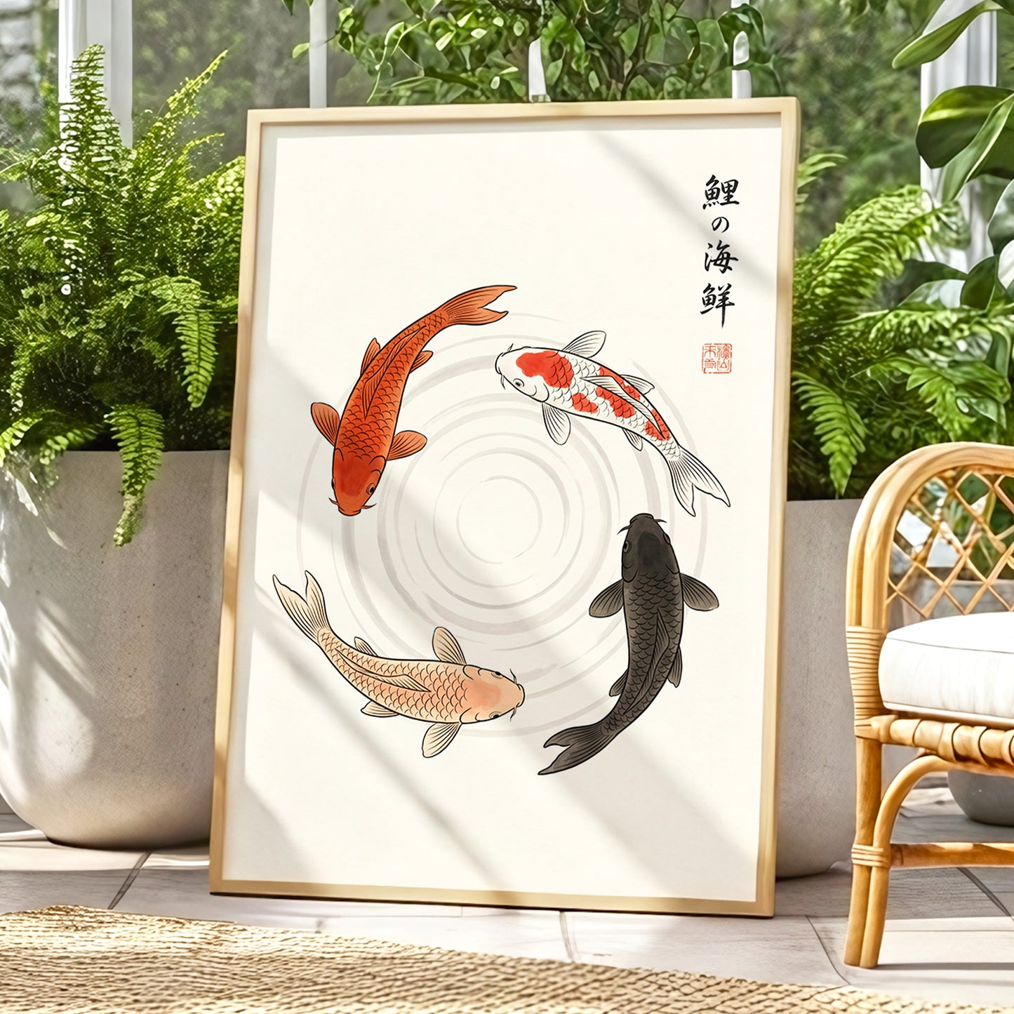 Koi in Quiet Circles, beige, orange, red nature wall art displayed in a styled interior, gallery view 2