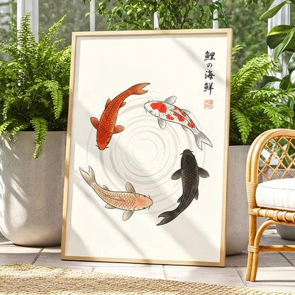 Koi in Quiet Circles, beige, orange, red nature wall art displayed in a styled interior, gallery view 2