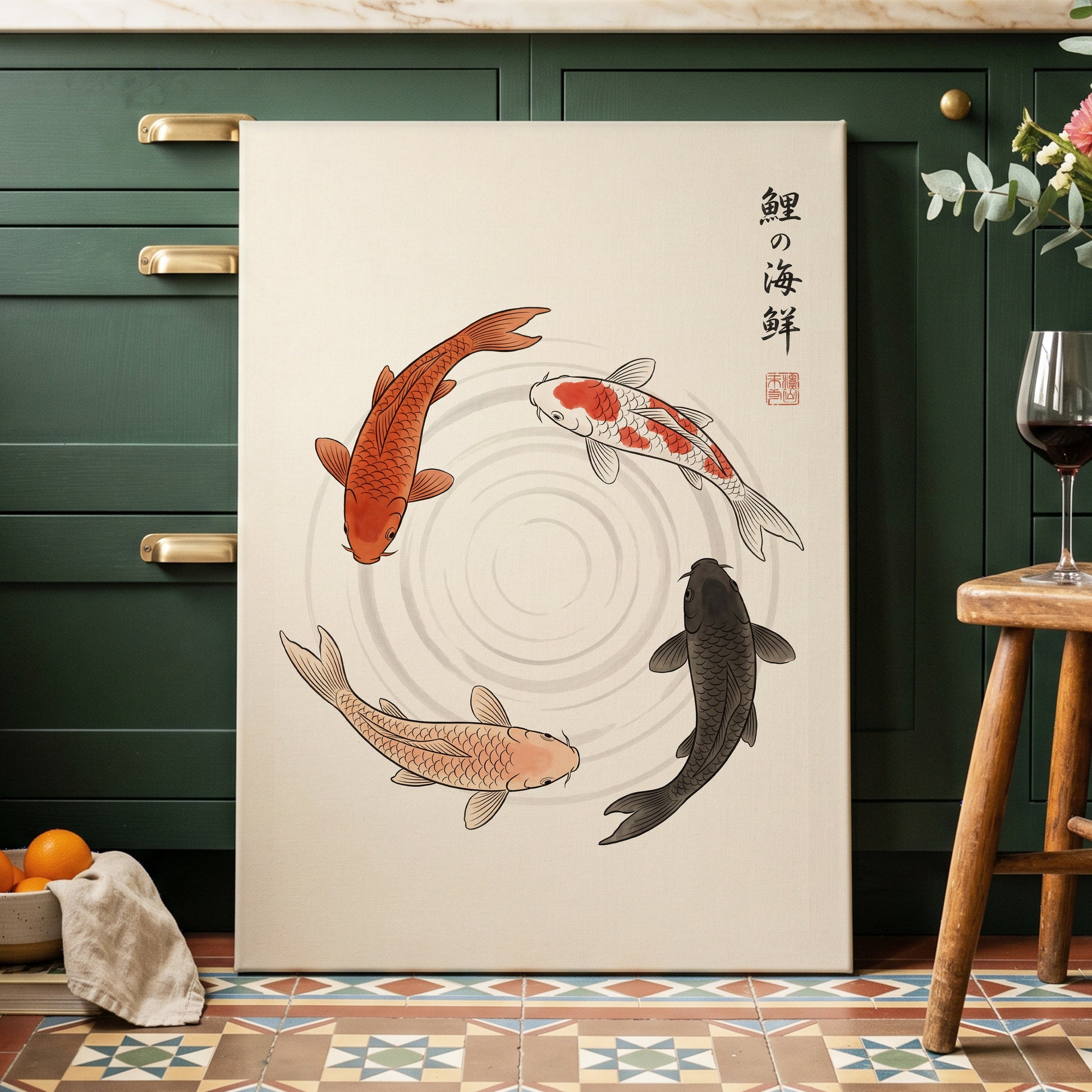 Koi in Quiet Circles, beige, orange, red nature wall art displayed in a styled interior, gallery view 3