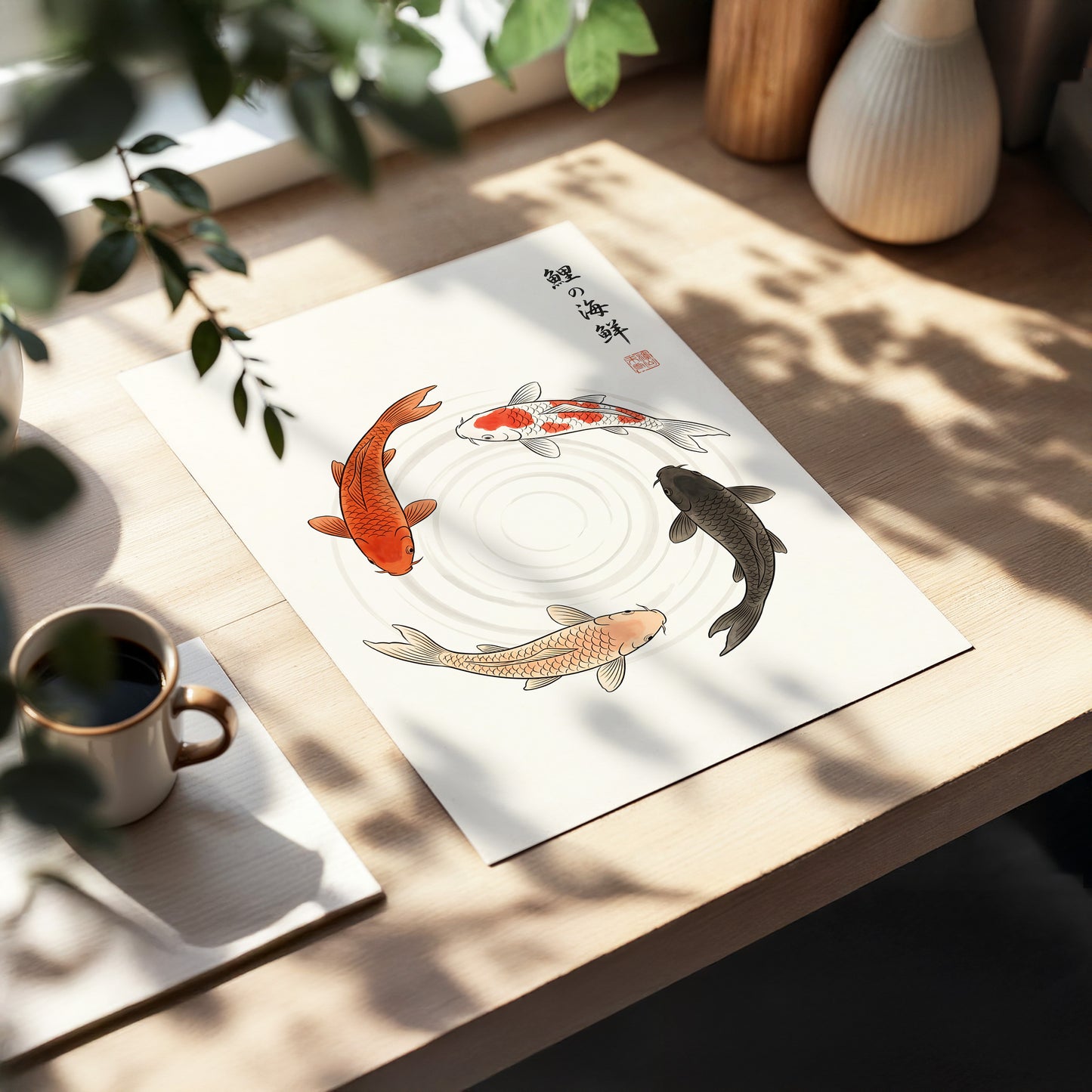 Koi in Quiet Circles, beige, orange, red nature wall art displayed in a styled interior, gallery view 5