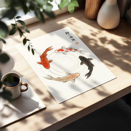 Koi in Quiet Circles, beige, orange, red nature wall art displayed in a styled interior, gallery view 5
