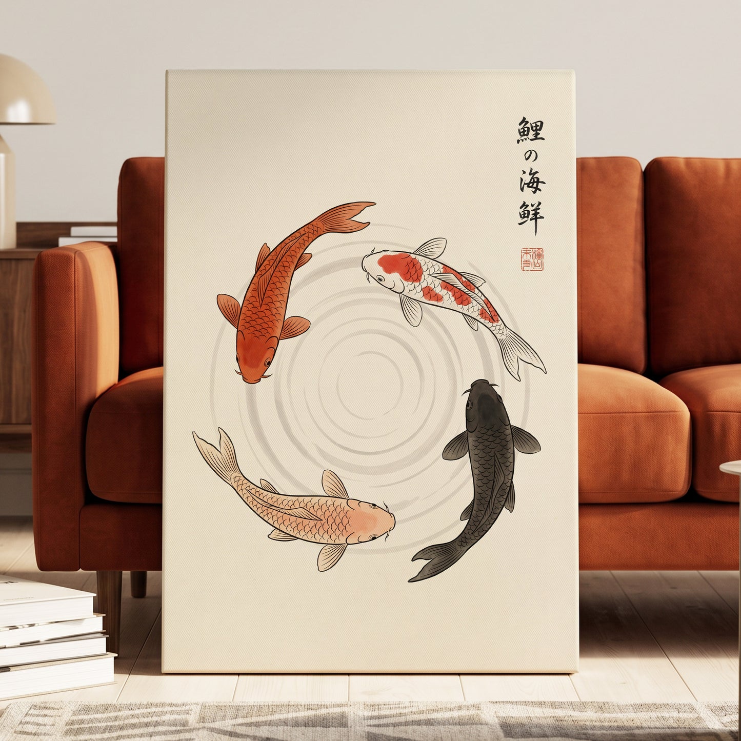 Koi in Quiet Circles, beige, orange, red nature wall art displayed in a styled interior, gallery view 7